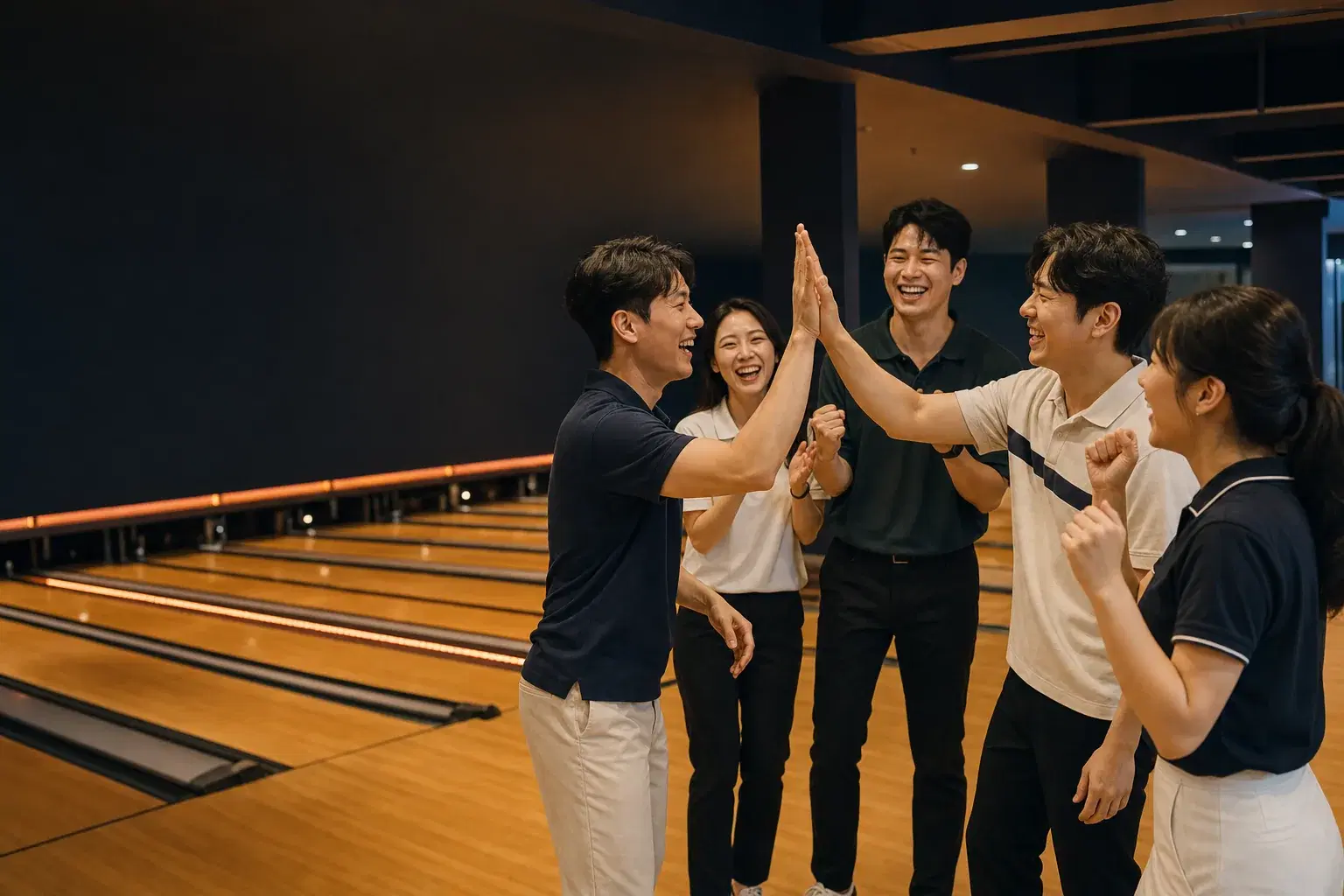 볼링장에서 하이파이브하며 즐거워하는 볼링 동호회 회원들